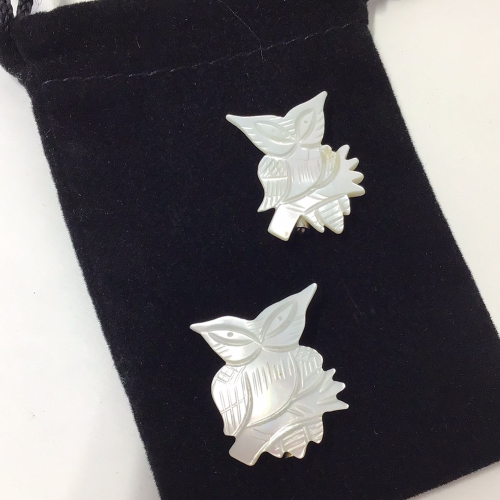 White Owl Brooch pair hand carved mother of pearl vintage inherited brooches